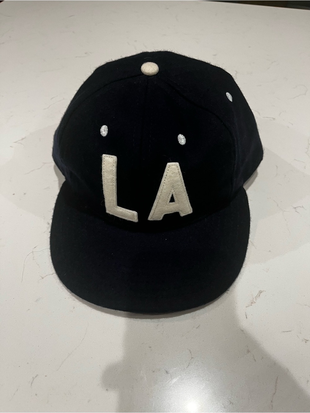 Vintage Rare EBBETS FIELD Wool Baseball Cap Navy LA Made in USA Size 7 5/8 LA